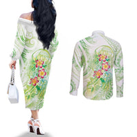 Summer Green Polynesian Jellyfish Couples Matching Off The Shoulder Long Sleeve Dress and Long Sleeve Button Shirt Watercolor Glows - Polynesian Pride