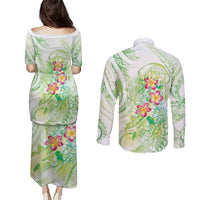 Summer Green Polynesian Jellyfish Couples Matching Puletasi and Long Sleeve Button Shirt Watercolor Glows - Polynesian Pride
