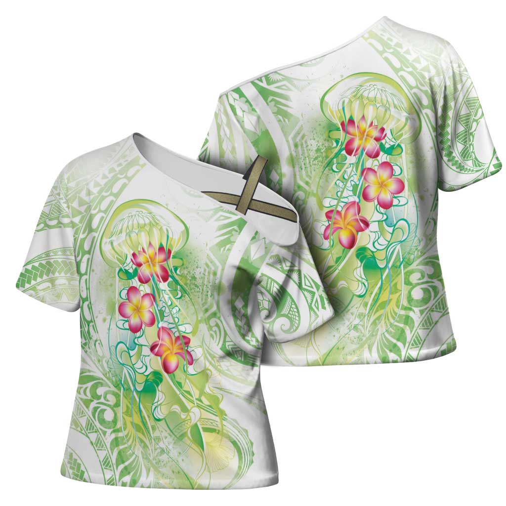 Summer Green Polynesian Jellyfish Cross Shoulder Shirt Watercolor Glows - Polynesian Pride