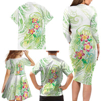 Summer Green Polynesian Jellyfish Family Matching Long Sleeve Bodycon Dress and Hawaiian Shirt Watercolor Glows - Polynesian Pride