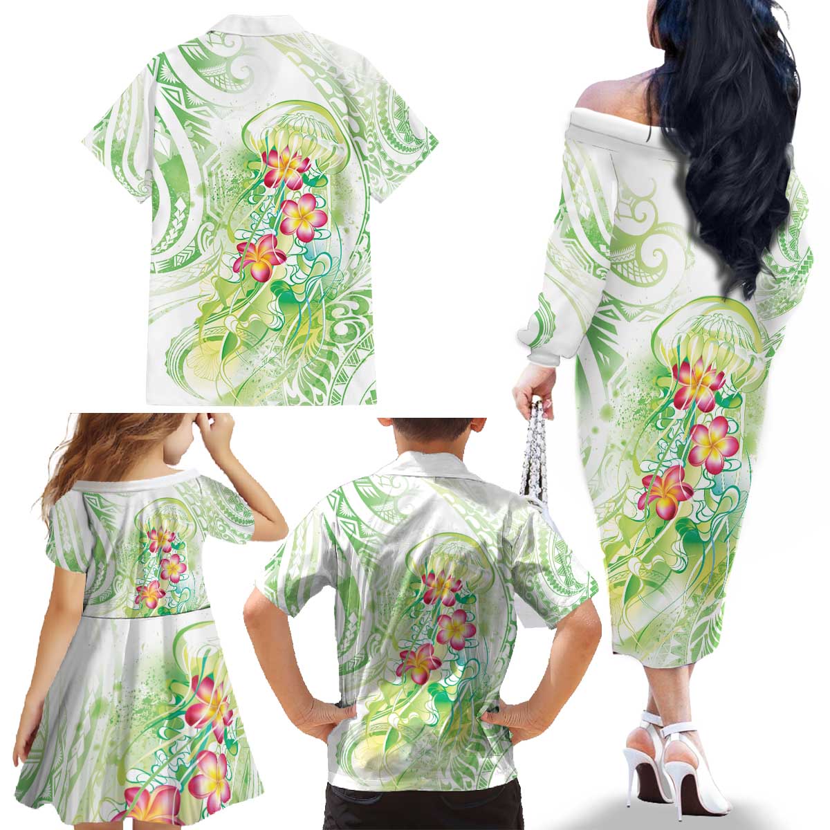 Summer Green Polynesian Jellyfish Family Matching Off The Shoulder Long Sleeve Dress and Hawaiian Shirt Watercolor Glows - Polynesian Pride