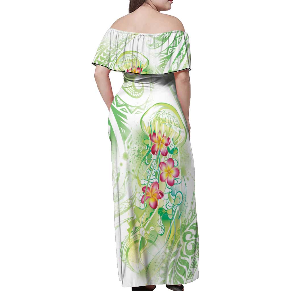 Summer Green Polynesian Jellyfish Family Matching Off Shoulder Maxi Dress and Hawaiian Shirt Watercolor Glows - Polynesian Pride