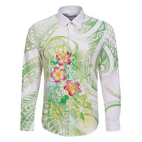 Summer Green Polynesian Jellyfish Family Matching Puletasi and Hawaiian Shirt Watercolor Glows LT7 Dad's Shirt - Long Sleeve Light Green - Polynesian Pride