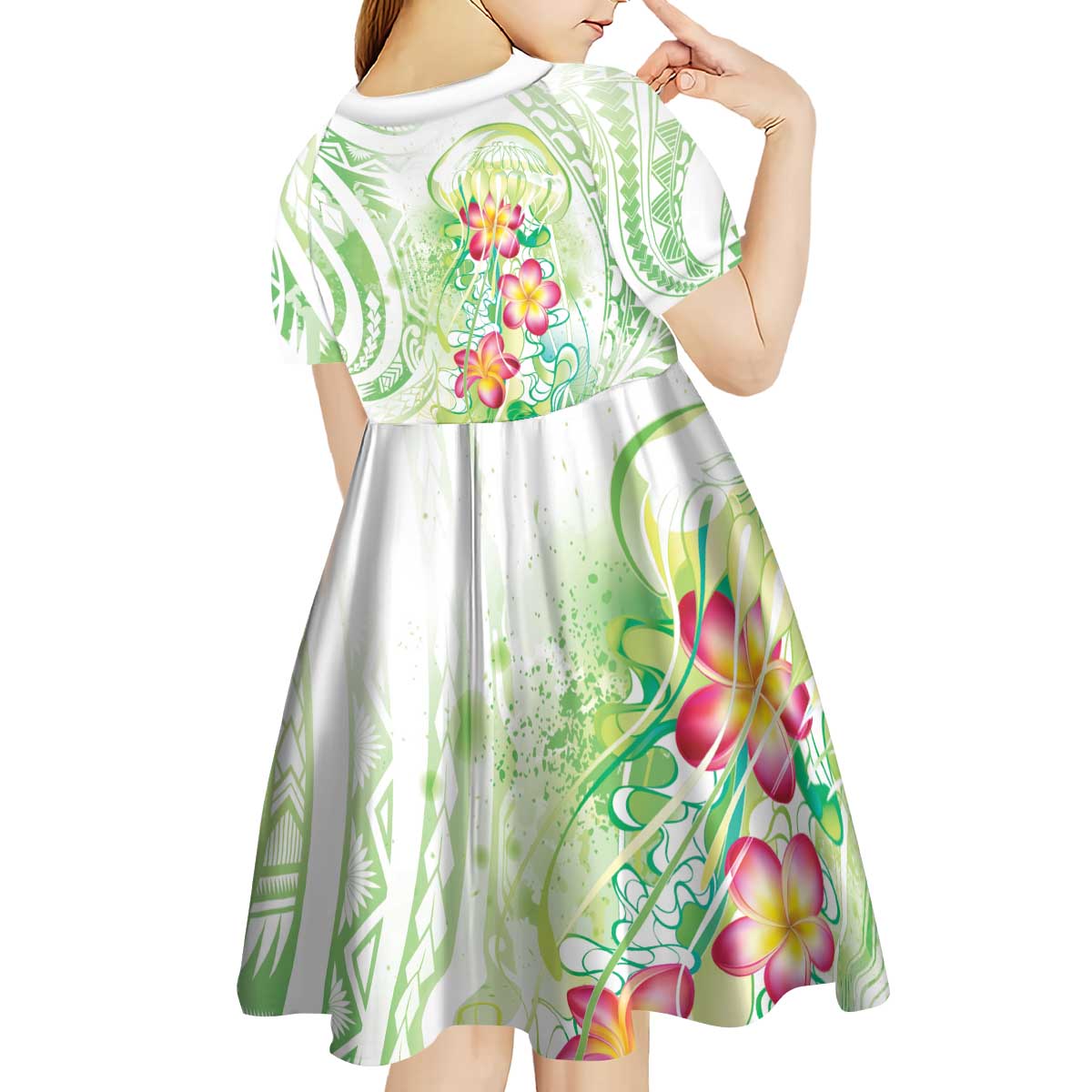 Summer Green Polynesian Jellyfish Kid Short Sleeve Dress Watercolor Glows - Polynesian Pride