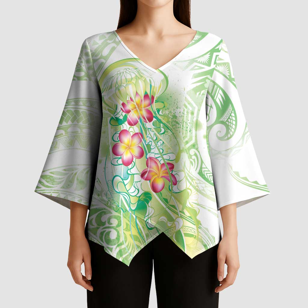 Summer Green Polynesian Jellyfish Kimono Sleeve Blouse Watercolor Glows - Polynesian Pride