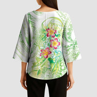 Summer Green Polynesian Jellyfish Kimono Sleeve Blouse Watercolor Glows - Polynesian Pride
