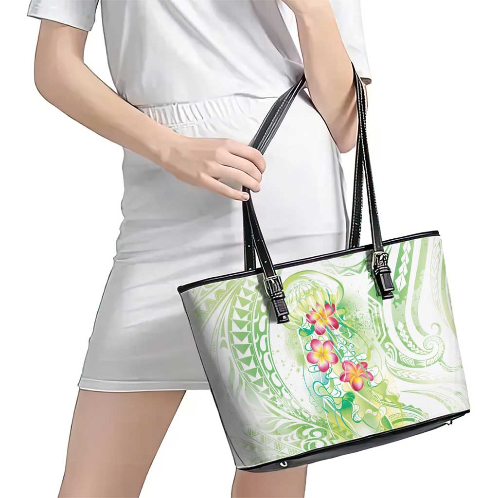 Summer Green Polynesian Jellyfish Leather Tote Bag Watercolor Glows LT7 - Polynesian Pride