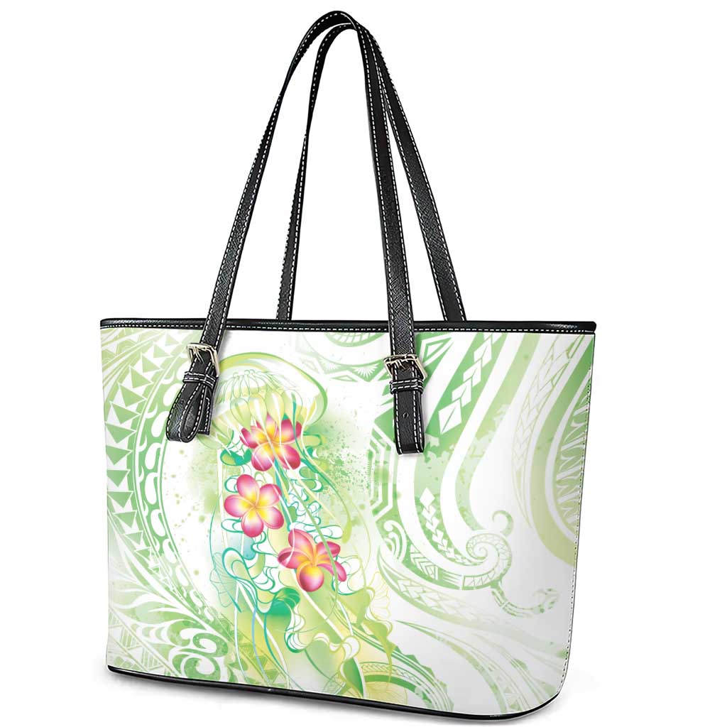 Summer Green Polynesian Jellyfish Leather Tote Bag Watercolor Glows LT7 - Polynesian Pride