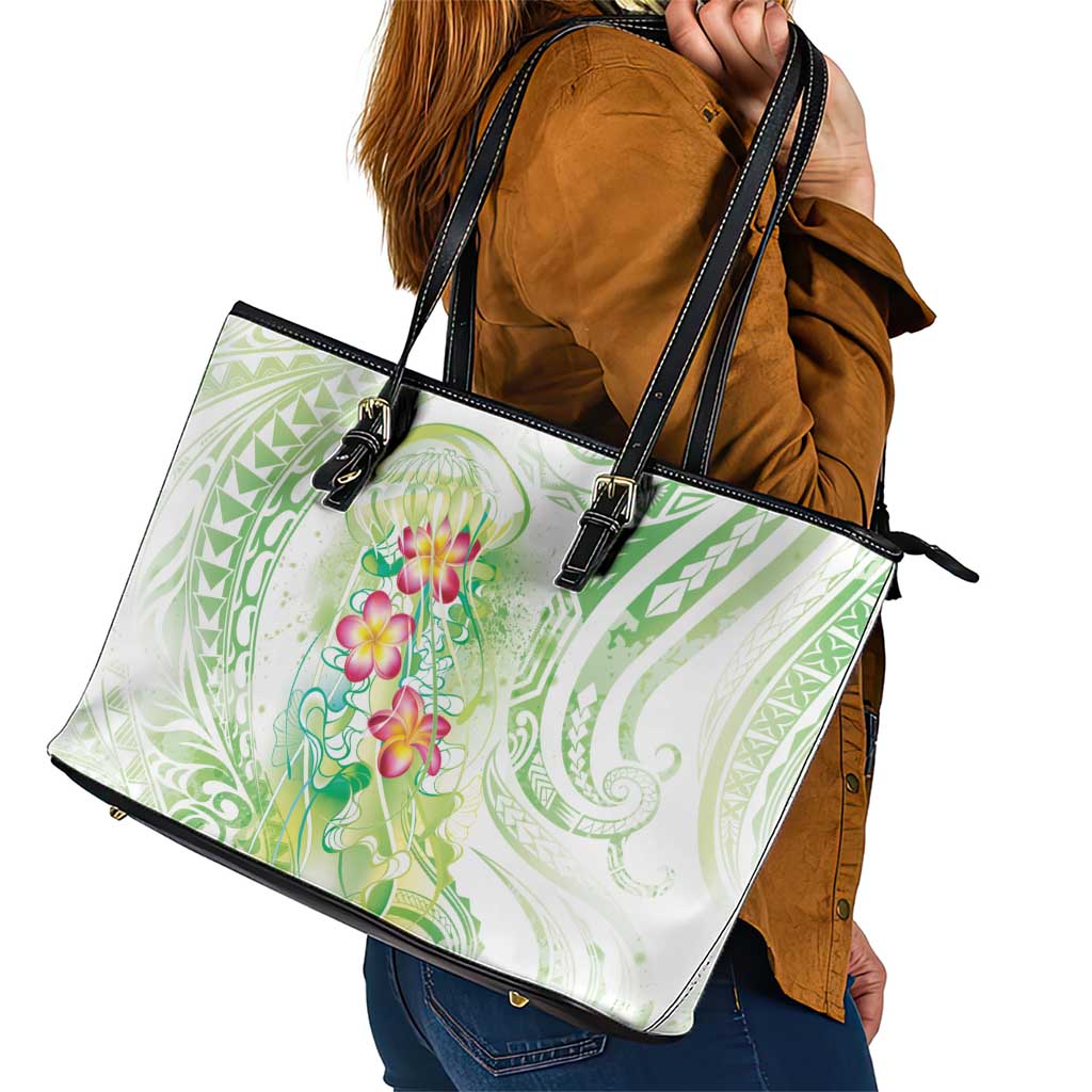 Summer Green Polynesian Jellyfish Leather Tote Bag Watercolor Glows LT7 - Polynesian Pride