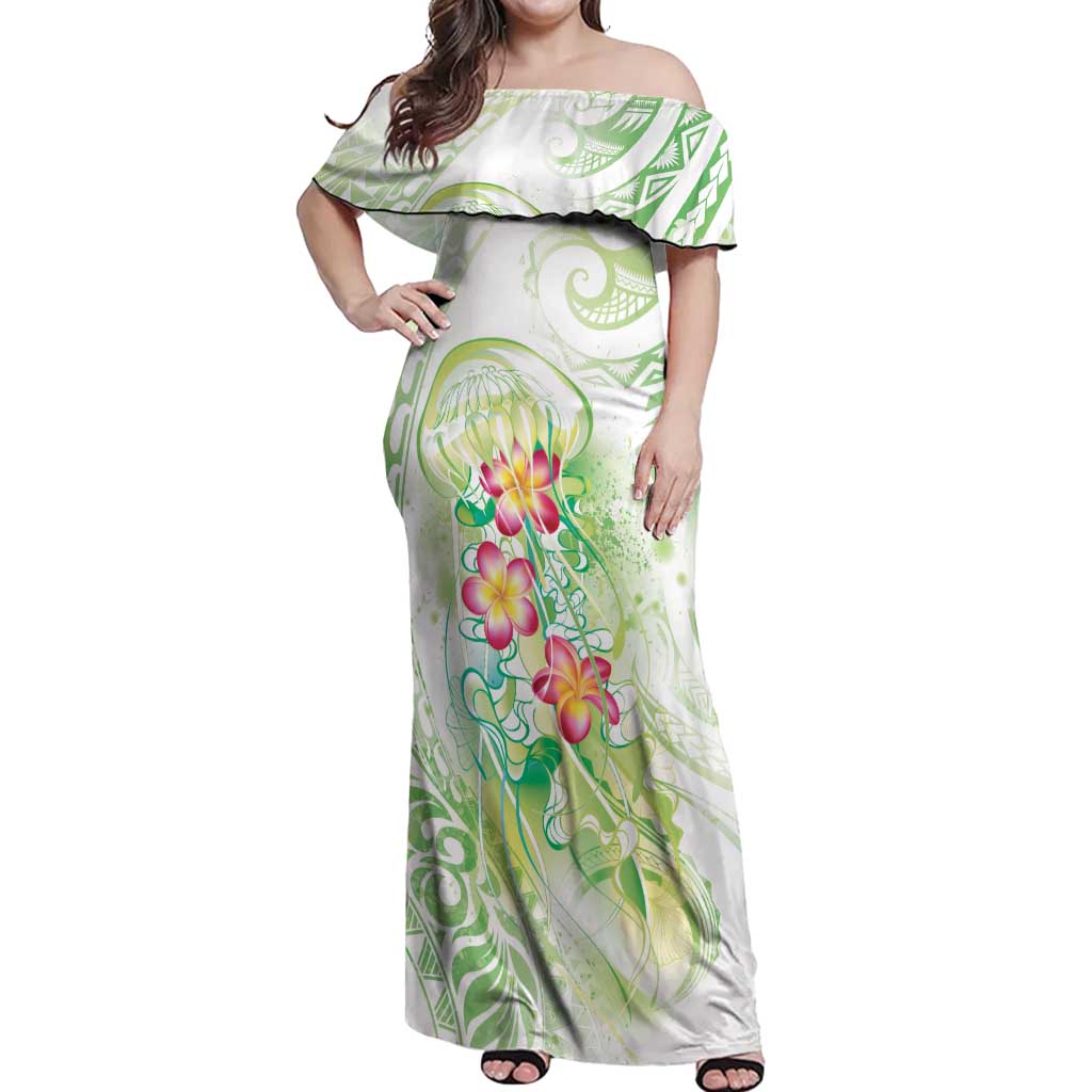 Summer Green Polynesian Jellyfish Off Shoulder Maxi Dress Watercolor Glows  - Polynesian Pride