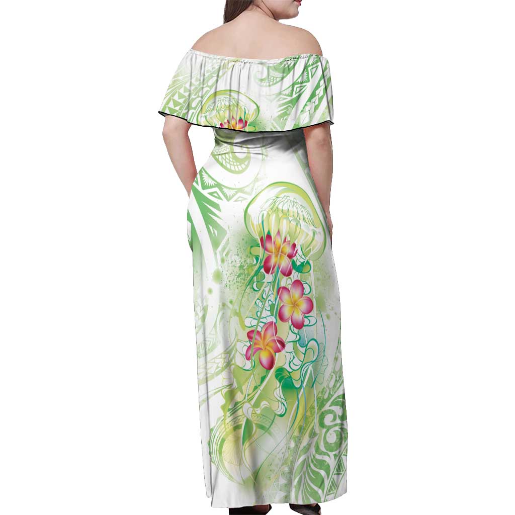 Summer Green Polynesian Jellyfish Off Shoulder Maxi Dress Watercolor Glows - Polynesian Pride