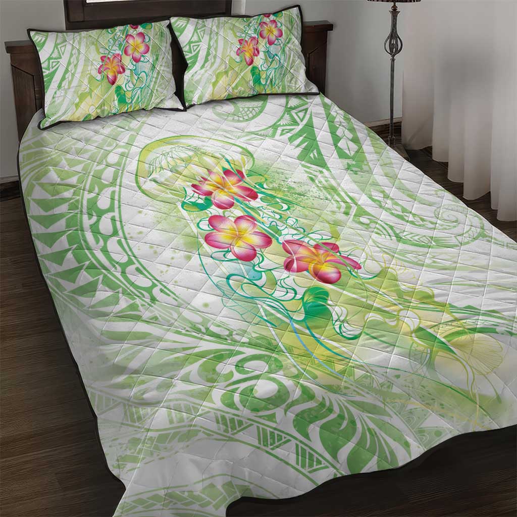 Summer Green Polynesian Jellyfish Quilt Bed Set Watercolor Glows LT7 Light Green - Polynesian Pride
