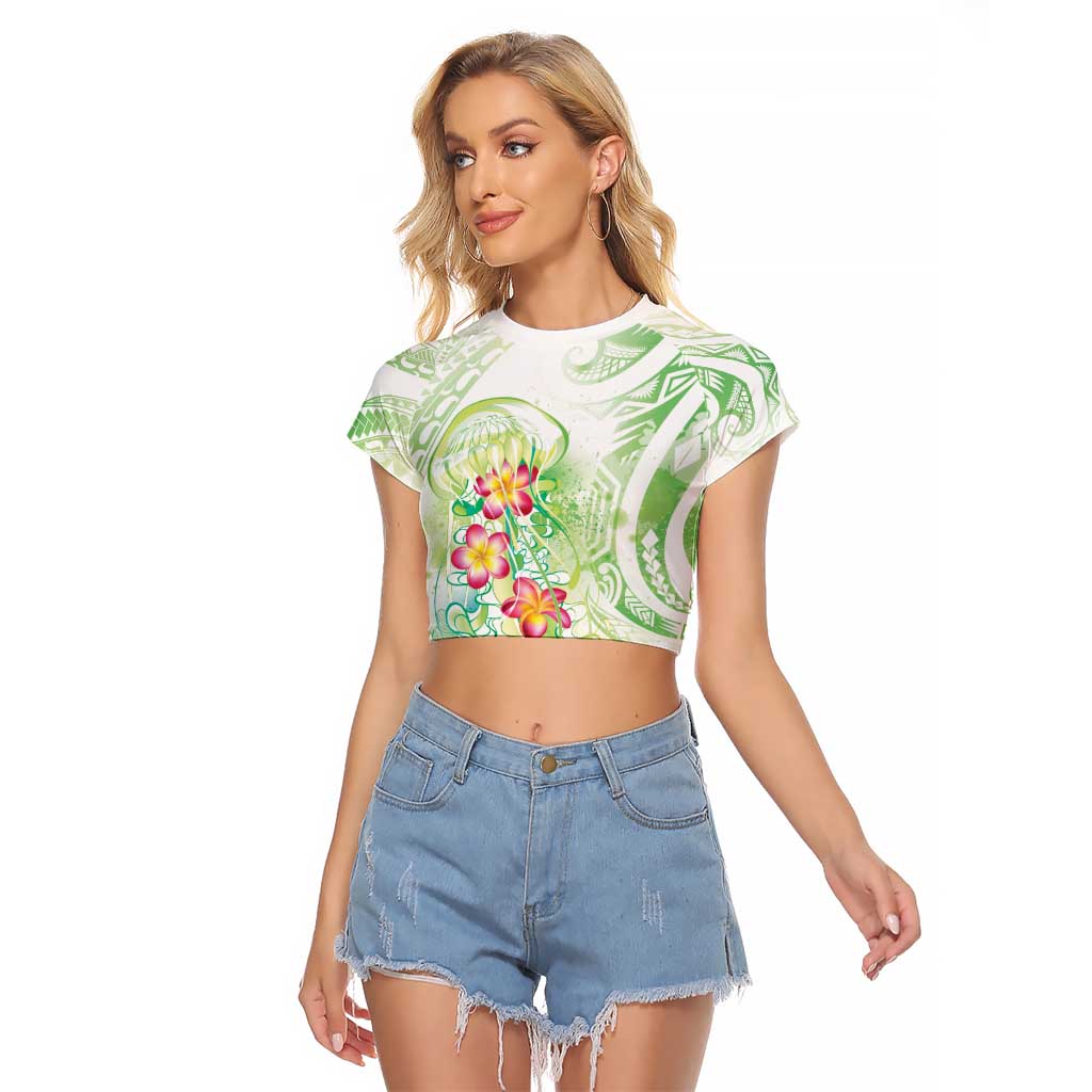 Summer Green Polynesian Jellyfish Raglan Cropped T Shirt Watercolor Glows LT7 Female Light Green - Polynesian Pride