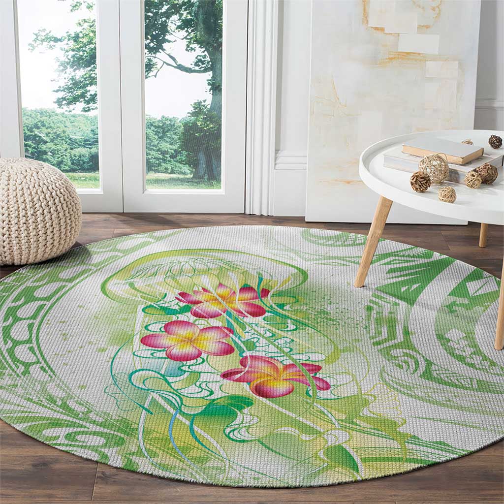 Summer Green Polynesian Jellyfish Round Carpet Watercolor Glows LT7 - Polynesian Pride