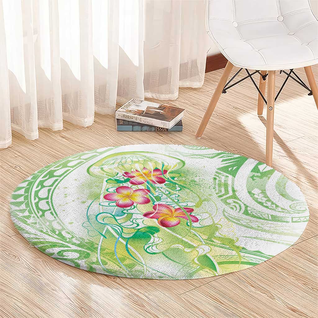 Summer Green Polynesian Jellyfish Round Carpet Watercolor Glows LT7 - Polynesian Pride