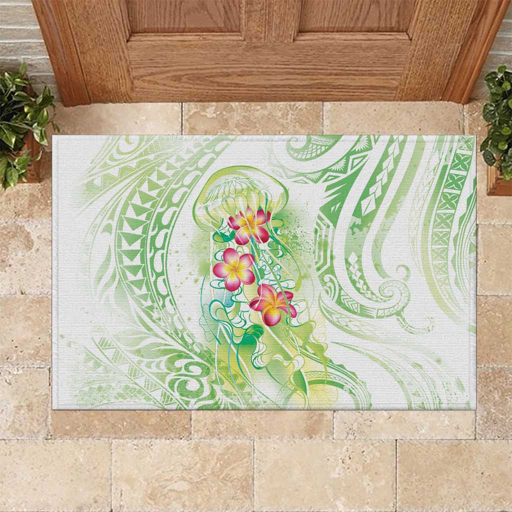 Summer Green Polynesian Jellyfish Rubber Doormat Watercolor Glows - Polynesian Pride