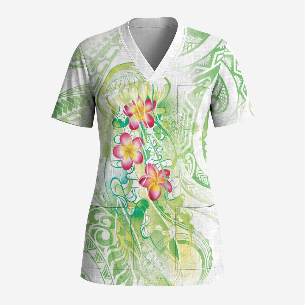 Summer Green Polynesian Jellyfish Scrub Top Watercolor Glows - Polynesian Pride
