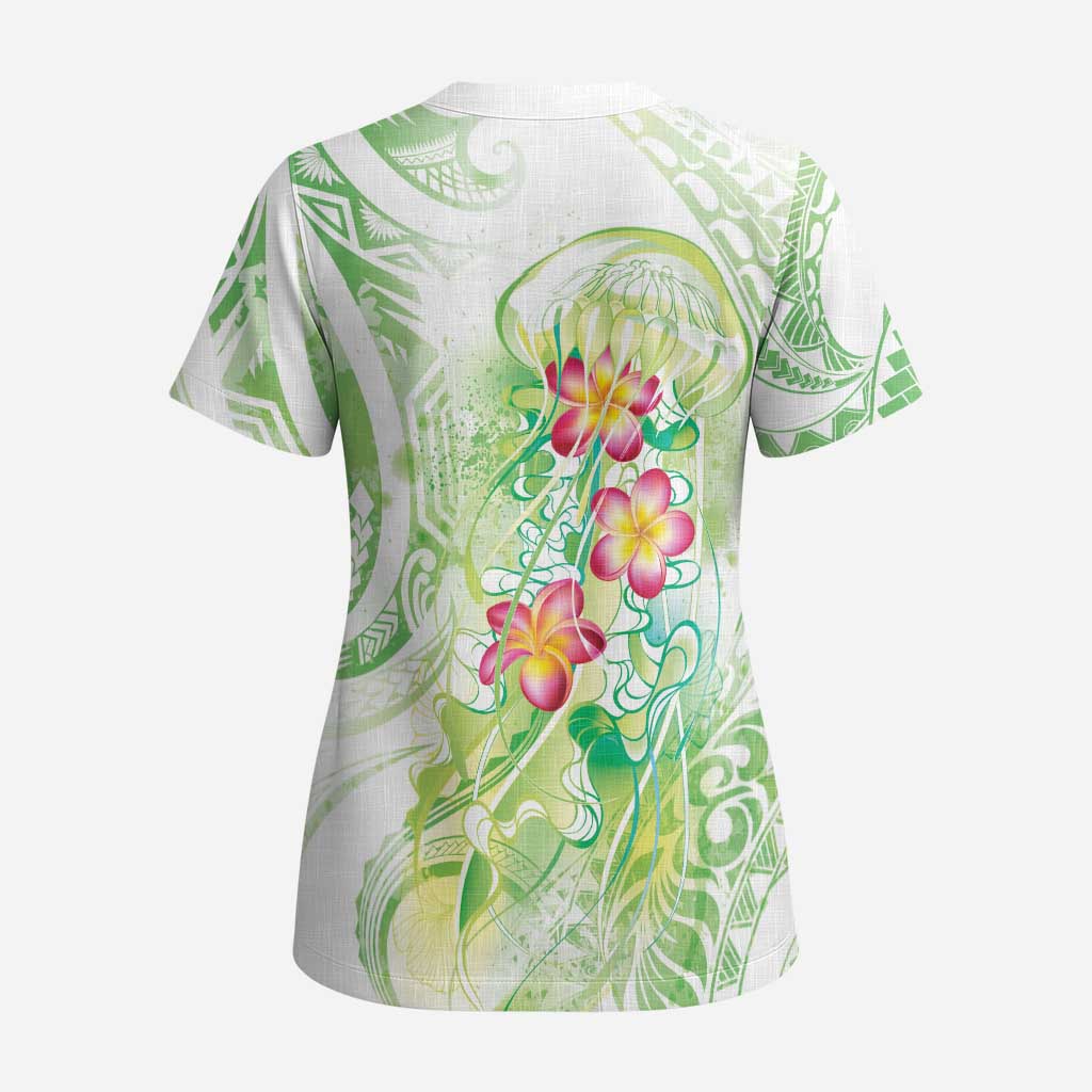 Summer Green Polynesian Jellyfish Scrub Top Watercolor Glows - Polynesian Pride