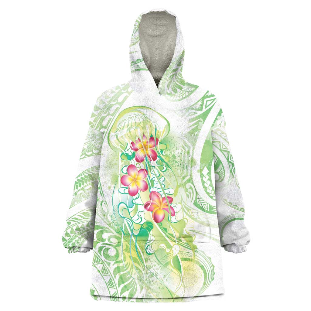 Summer Green Polynesian Jellyfish Wearable Blanket Hoodie Watercolor Glows LT7 One Size Light Green - Polynesian Pride