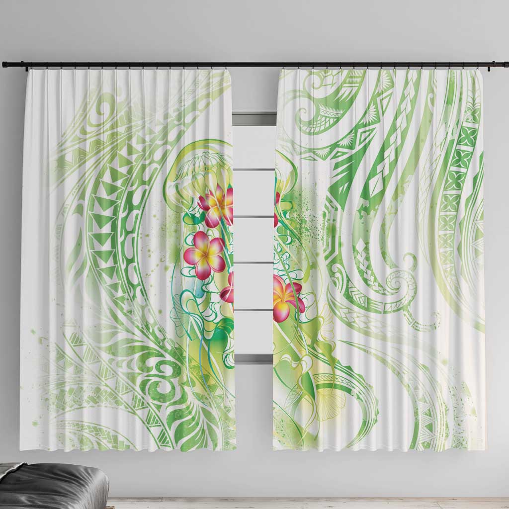Summer Green Polynesian Jellyfish Window Curtain Watercolor Glows - Polynesian Pride