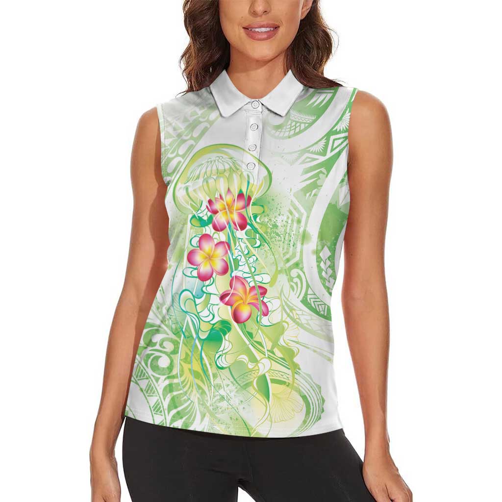 Summer Green Polynesian Jellyfish Women Sleeveless Polo Shirt Watercolor Glows - Polynesian Pride