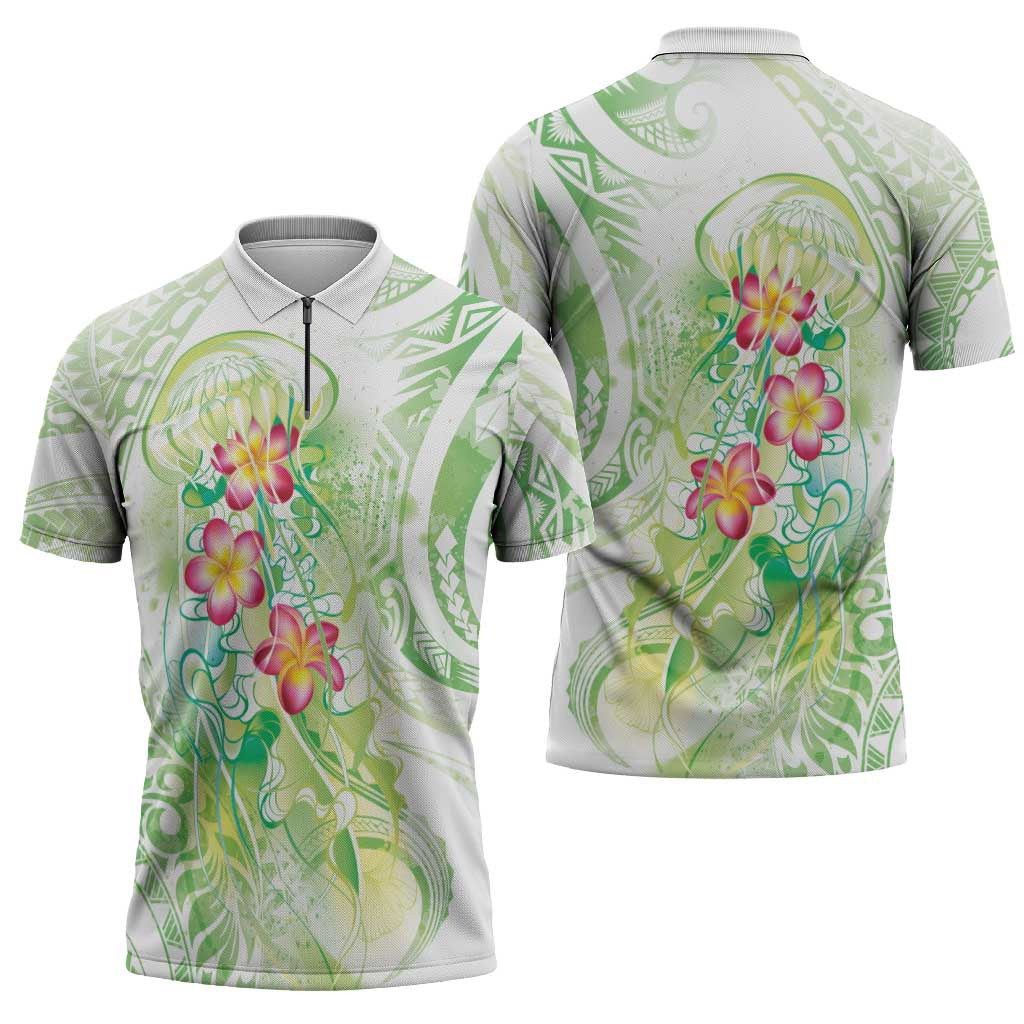 Summer Green Polynesian Jellyfish Zipper Polo Shirt Watercolor Glows - Polynesian Pride