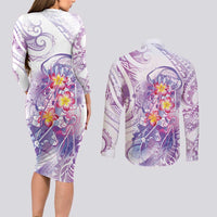 Lavender Polynesian Jellyfish Couples Matching Long Sleeve Bodycon Dress and Long Sleeve Button Shirt Watercolor Glows - Polynesian Pride