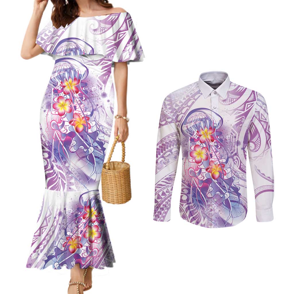Lavender Polynesian Jellyfish Couples Matching Mermaid Dress and Long Sleeve Button Shirt Watercolor Glows - Polynesian Pride