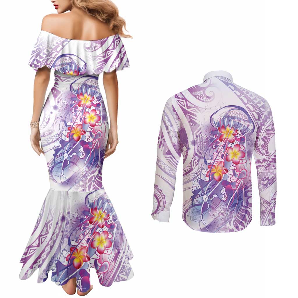 Lavender Polynesian Jellyfish Couples Matching Mermaid Dress and Long Sleeve Button Shirt Watercolor Glows - Polynesian Pride