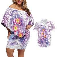 Lavender Polynesian Jellyfish Couples Matching Off Shoulder Short Dress and Hawaiian Shirt Watercolor Glows - Polynesian Pride