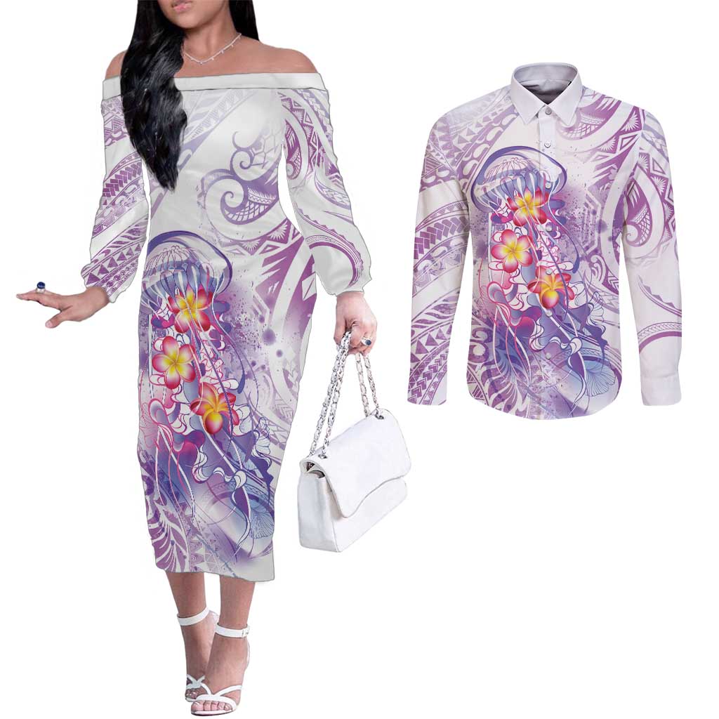 Lavender Polynesian Jellyfish Couples Matching Off The Shoulder Long Sleeve Dress and Long Sleeve Button Shirt Watercolor Glows - Polynesian Pride
