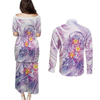 Lavender Polynesian Jellyfish Couples Matching Puletasi and Long Sleeve Button Shirt Watercolor Glows - Polynesian Pride