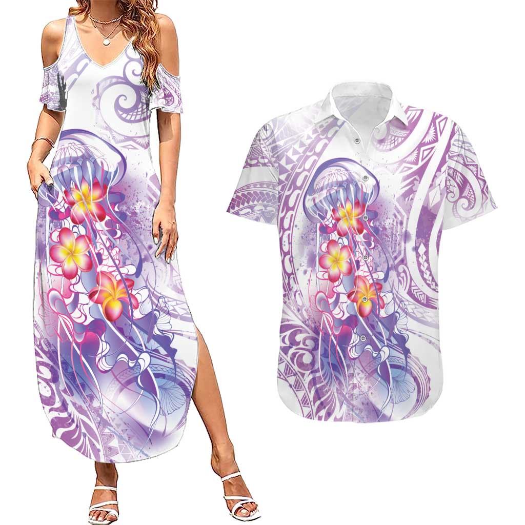 Lavender Polynesian Jellyfish Couples Matching Summer Maxi Dress and Hawaiian Shirt Watercolor Glows - Polynesian Pride
