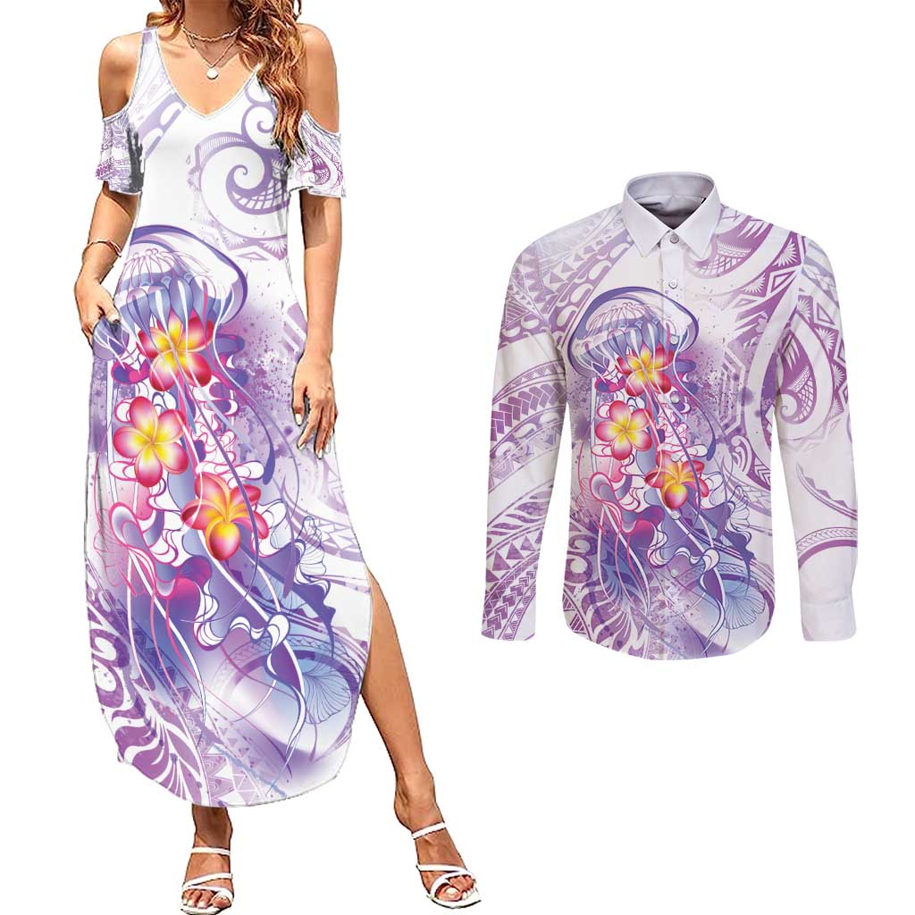 Lavender Polynesian Jellyfish Couples Matching Summer Maxi Dress and Long Sleeve Button Shirt Watercolor Glows LT7 Lavender - Polynesian Pride