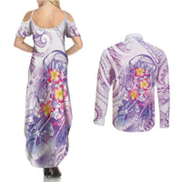 Lavender Polynesian Jellyfish Couples Matching Summer Maxi Dress and Long Sleeve Button Shirt Watercolor Glows - Polynesian Pride