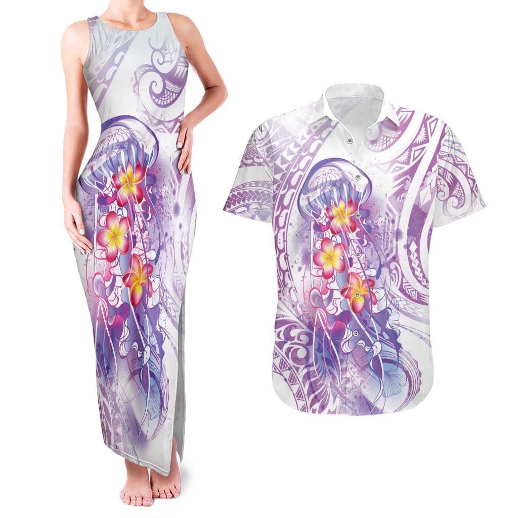 Lavender Polynesian Jellyfish Couples Matching Tank Maxi Dress and Hawaiian Shirt Watercolor Glows - Polynesian Pride
