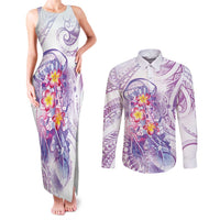 Lavender Polynesian Jellyfish Couples Matching Tank Maxi Dress and Long Sleeve Button Shirt Watercolor Glows - Polynesian Pride
