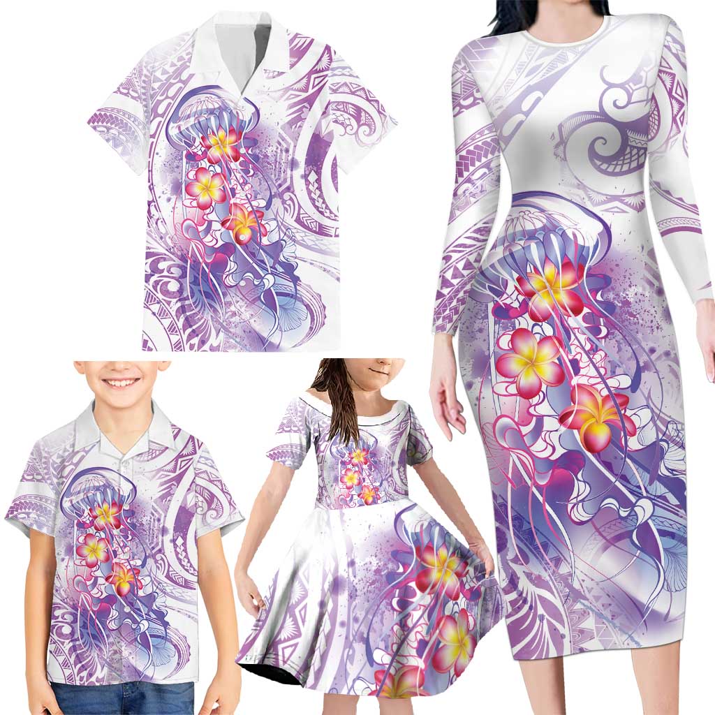 Lavender Polynesian Jellyfish Family Matching Long Sleeve Bodycon Dress and Hawaiian Shirt Watercolor Glows - Polynesian Pride