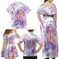 Lavender Polynesian Jellyfish Family Matching Off Shoulder Maxi Dress and Hawaiian Shirt Watercolor Glows - Polynesian Pride