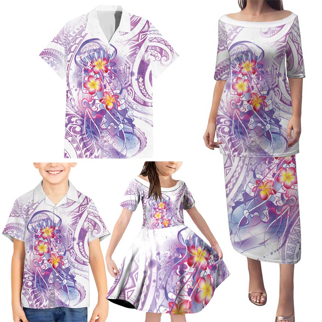 Lavender Polynesian Jellyfish Family Matching Puletasi and Hawaiian Shirt Watercolor Glows - Polynesian Pride