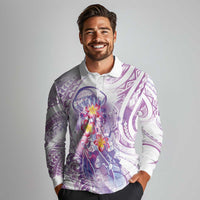 Lavender Polynesian Jellyfish Long Sleeve Polo Shirt Watercolor Glows - Polynesian Pride