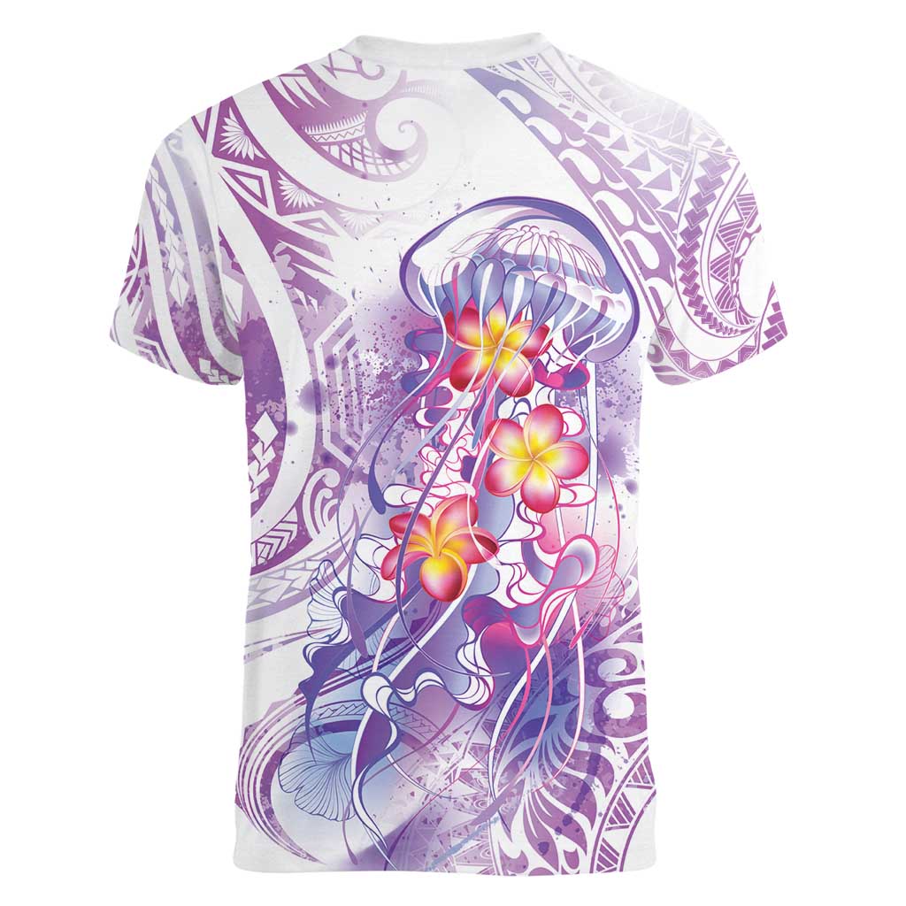 Lavender Polynesian Jellyfish Women V-Neck T-Shirt Watercolor Glows LT7 - Polynesian Pride