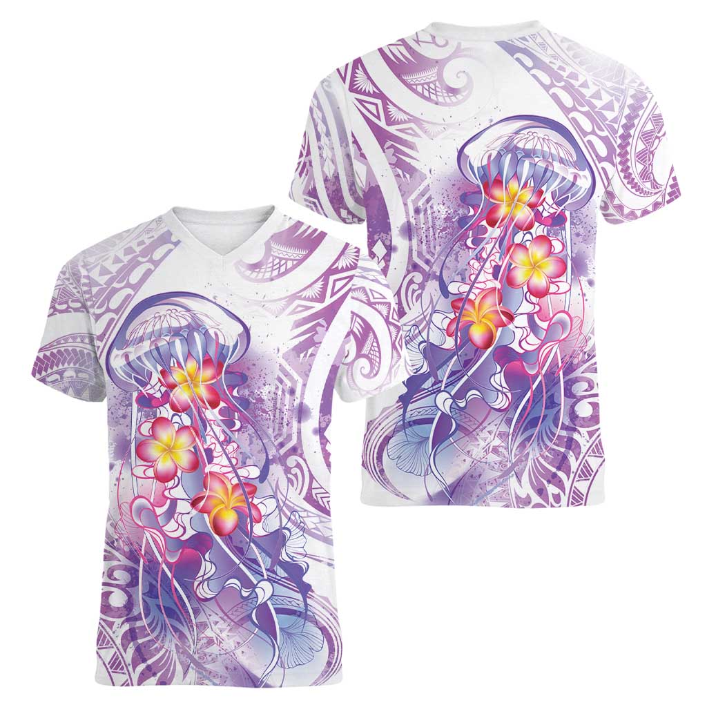 Lavender Polynesian Jellyfish Women V-Neck T-Shirt Watercolor Glows LT7 - Polynesian Pride