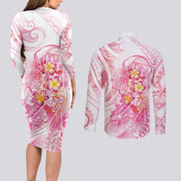 Rose Pink Polynesian Jellyfish Couples Matching Long Sleeve Bodycon Dress and Long Sleeve Button Shirt Watercolor Glows - Polynesian Pride