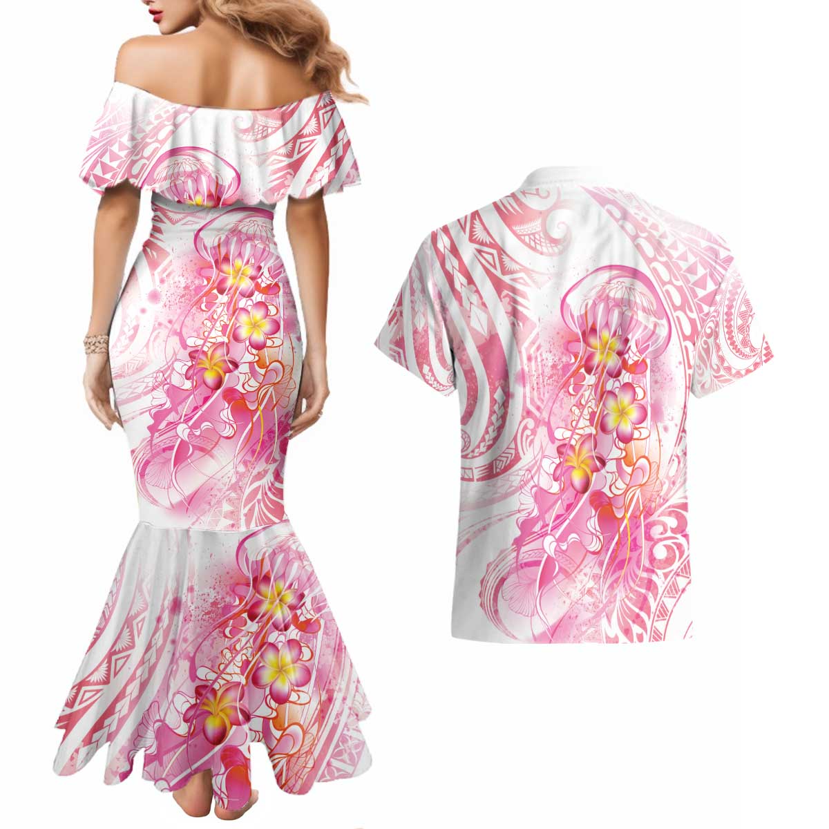 Rose Pink Polynesian Jellyfish Couples Matching Mermaid Dress and Hawaiian Shirt Watercolor Glows - Polynesian Pride