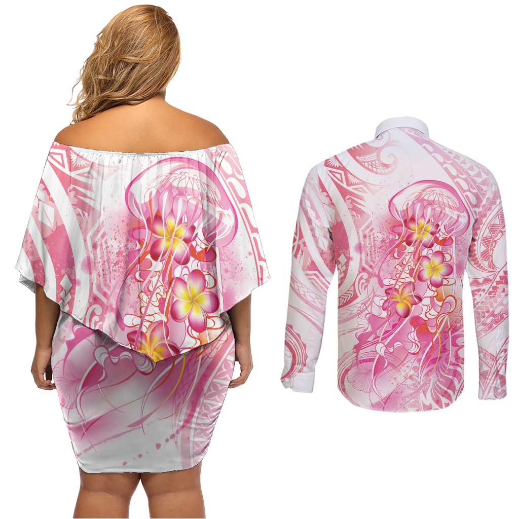 Rose Pink Polynesian Jellyfish Couples Matching Off Shoulder Short Dress and Long Sleeve Button Shirt Watercolor Glows - Polynesian Pride