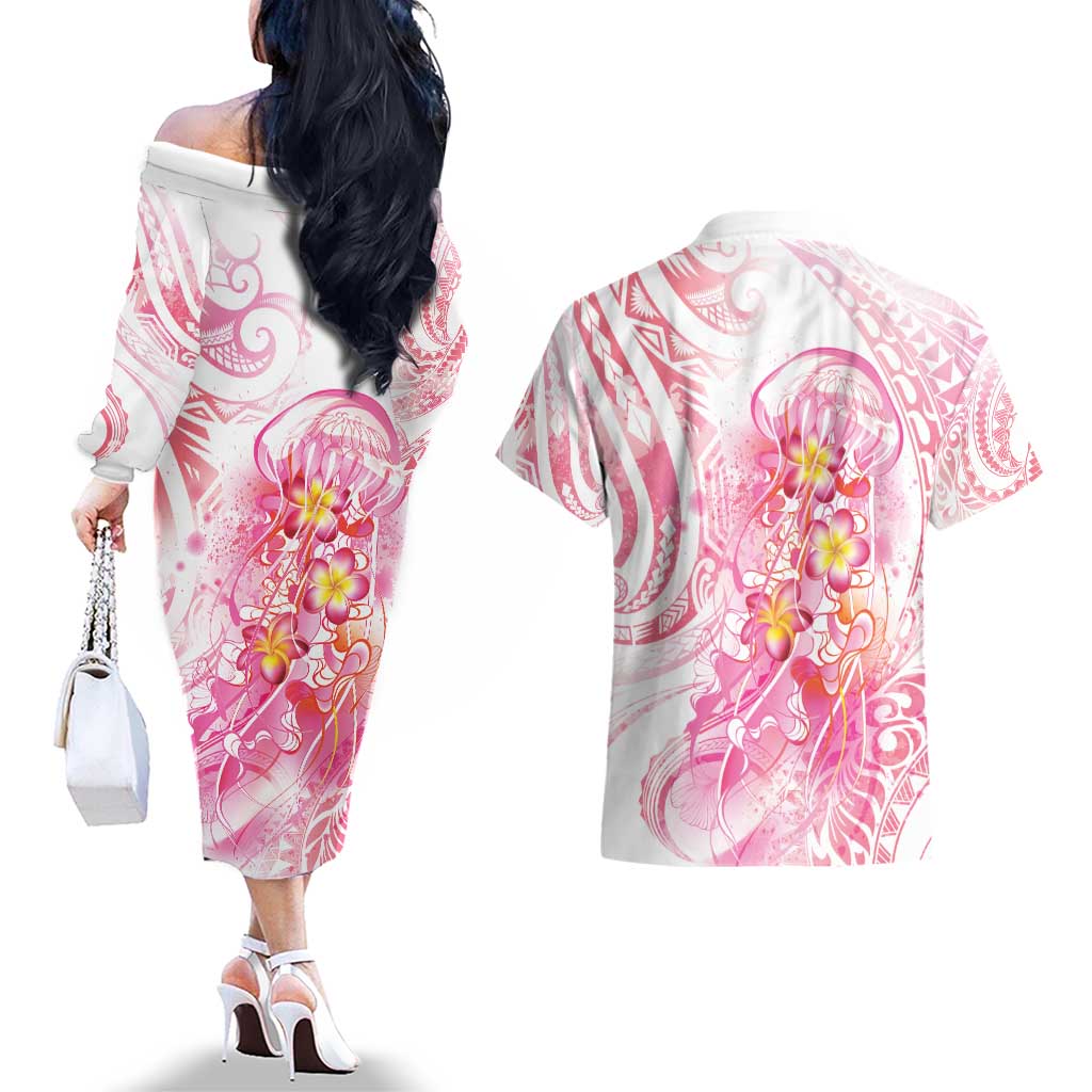 Rose Pink Polynesian Jellyfish Couples Matching Off The Shoulder Long Sleeve Dress and Hawaiian Shirt Watercolor Glows - Polynesian Pride