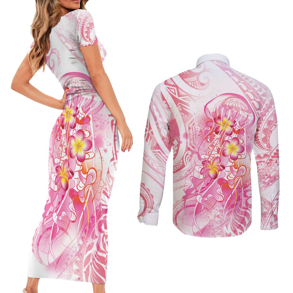 Rose Pink Polynesian Jellyfish Couples Matching Short Sleeve Bodycon Dress and Long Sleeve Button Shirt Watercolor Glows - Polynesian Pride