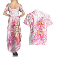 Rose Pink Polynesian Jellyfish Couples Matching Summer Maxi Dress and Hawaiian Shirt Watercolor Glows - Polynesian Pride