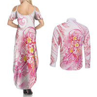 Rose Pink Polynesian Jellyfish Couples Matching Summer Maxi Dress and Long Sleeve Button Shirt Watercolor Glows - Polynesian Pride